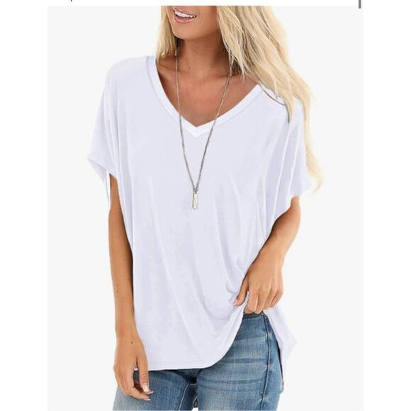 NEW White Dolman Sleeve V Neck Casual Tops Tshirts L - Picture 1 of 5